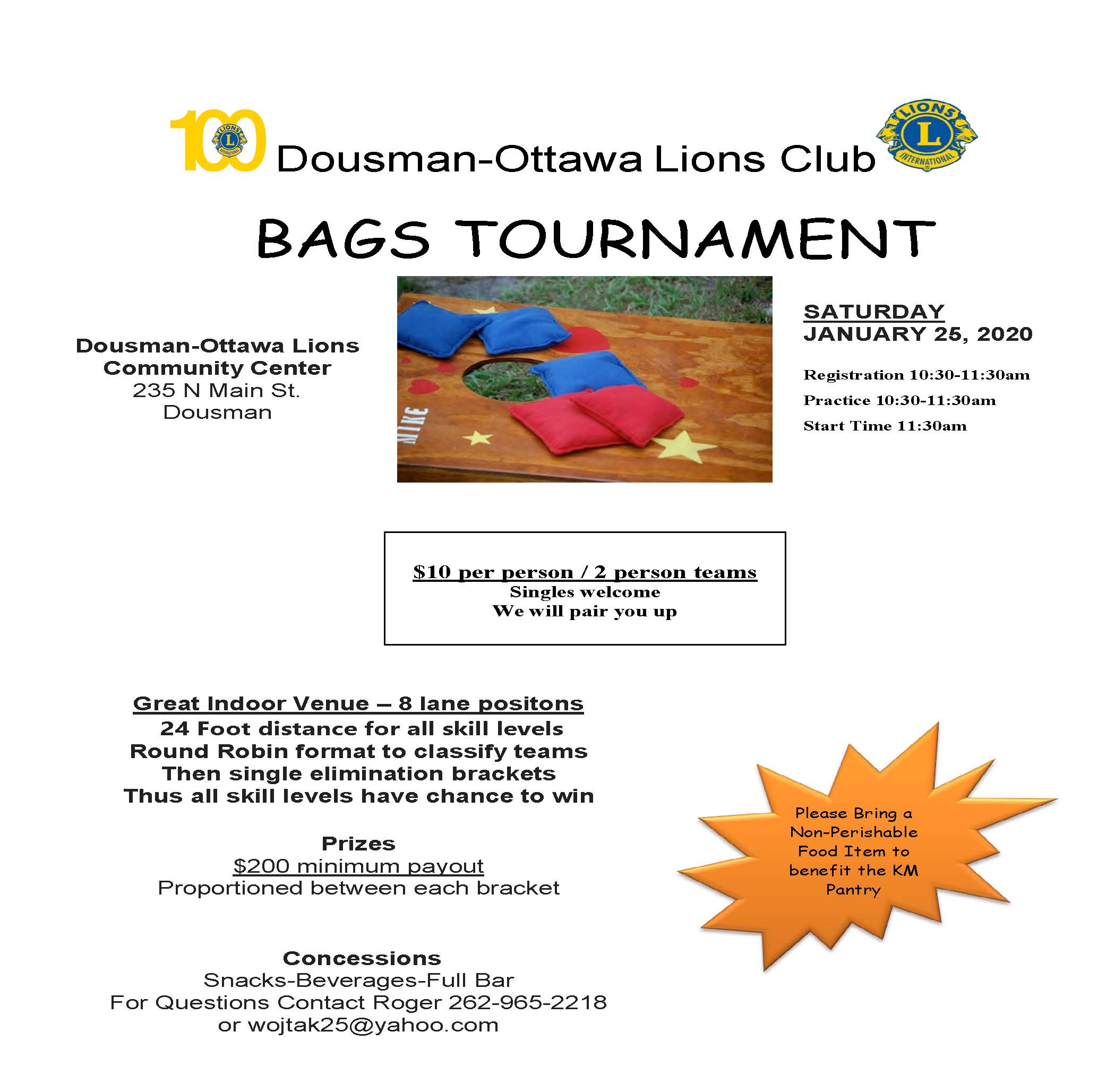 Bags Tournament with the Dousman-Ottawa Lions Club - January 2020 @ Dousman-Ottawa Lions Community Center | Dousman | Wisconsin | United States