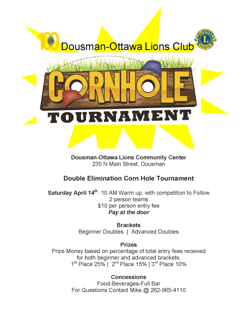 Cornhole Tournament with the Dousman-Ottawa Lions Club - April 2018 @ Dousman-Ottawa Lions Community Center | Dousman | Wisconsin | United States